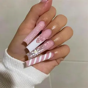Christmas Snowflake Glitter Pattern Extra Long Fake Nail with Nail File and Jelly Stickers, 24pcs Press on Nails for Women DIY Nail Art, Elegant Stick on Nails Kit