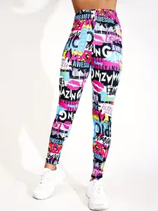 Elegant Women's Yoga Pants with Random Printed Letter Patterns, Body-Shaping, Butt-Lifting, High-Stretch, Form-Fitting Leggings, Outdoor Running and Sports Capris, Casual Fitness and Workout Pants
