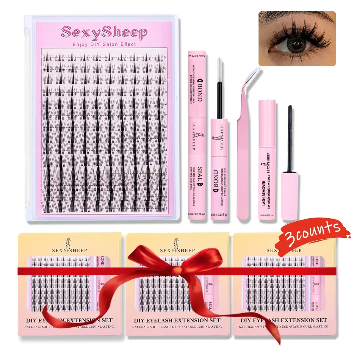 3 boxs Manga C Curl Wet Look Eyelashes Extension Kit, DIY Eyelash Extensions, Eyelash Clusters with Bond and Seal & Tweezers & Remover, Eye Makeup Enhancement Tool for Women, Eyelashes Clusters, Cosmetic, Eyelash Set, Eyelash Extension Supplies
