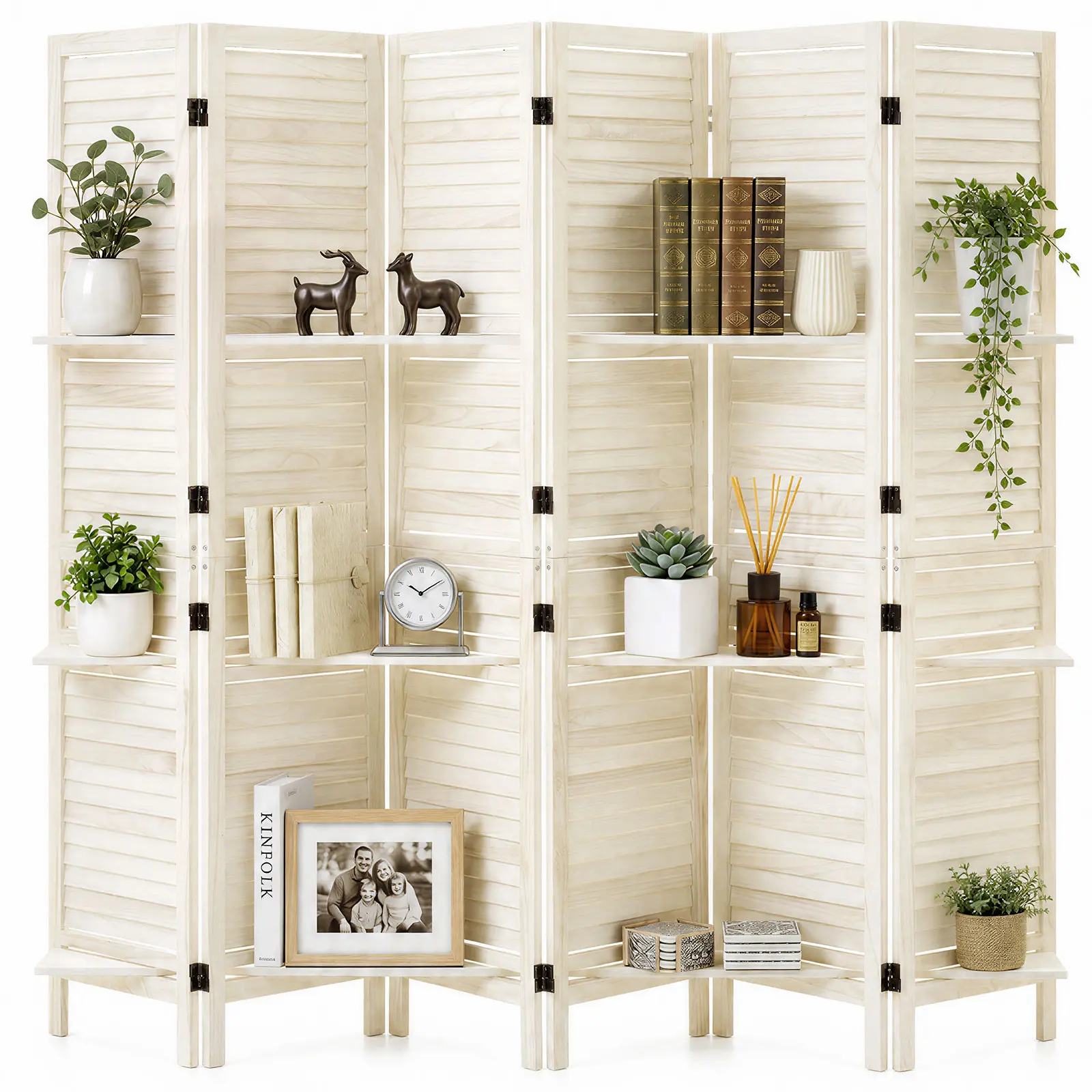 VEVOR Wood Room Divider 6 Panels Wood Folding Privacy Screen with Shelves, For Room Separation & Home Decor, 67.1 in Tall, Solid Frame, 360° Two-Way Hinges, Louvered Wooden Partition with Hardware#BacktoSchool