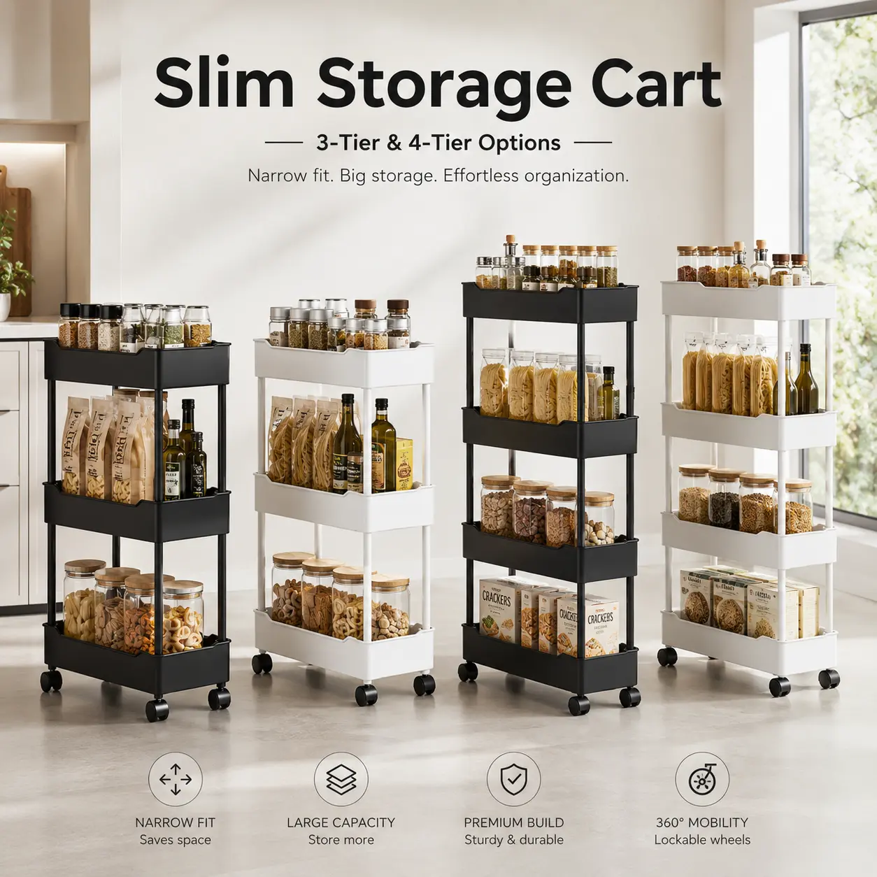 3-Tier or 4-Tier Multifunctional Rolling Utility Cart - Slim Household Organiser Racks, Mobile Storage Trolley with Spacious Open Baskets, 360° Wheels for Kitchen, Bathroom
