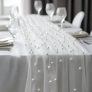 Pearl Chiffon Table Runner, Elegant Semi Transparent Gauze Mesh Table Cloth, Perfect for Weddings, Bridal Showers, Parties, Dining Decorations