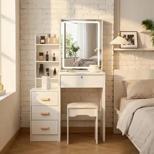 Elegant White Mermaid Vanity Desk with Sliding Lighted Mirror & Stool Set, Hidden Storage Drawers, Princess Coquette Bedroom Indoor Makeup Furniture