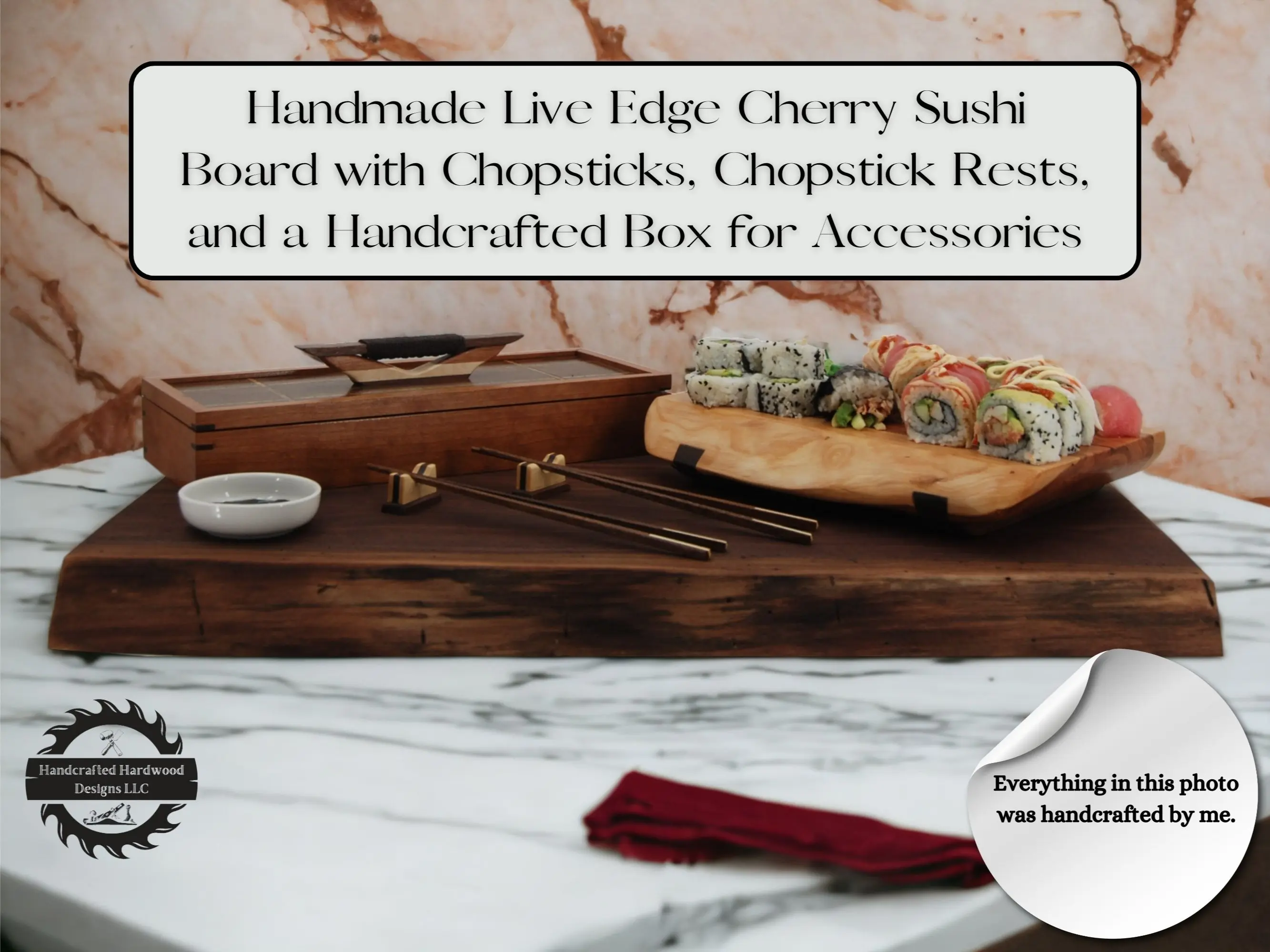 Handmade Cherry Sushi Serving Board with custom chopsticks and handcrafted cherry and walnut box Cutlery Set