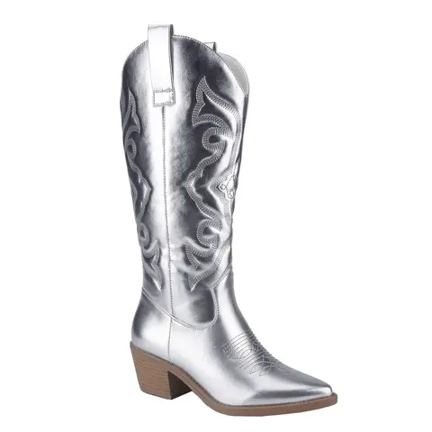 Belovely Women's Embroidered Western Cowboy Pointed Toe Chunky Heel Shiny Vintage Fashion knee-high wide-calf boots  [Hometown-2]