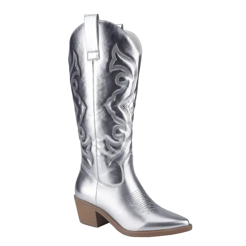 Belovely Women's Embroidered Western Cowboy Pointed Toe Chunky Heel Shiny Vintage Fashion knee-high wide-calf boots  [Hometown-2]