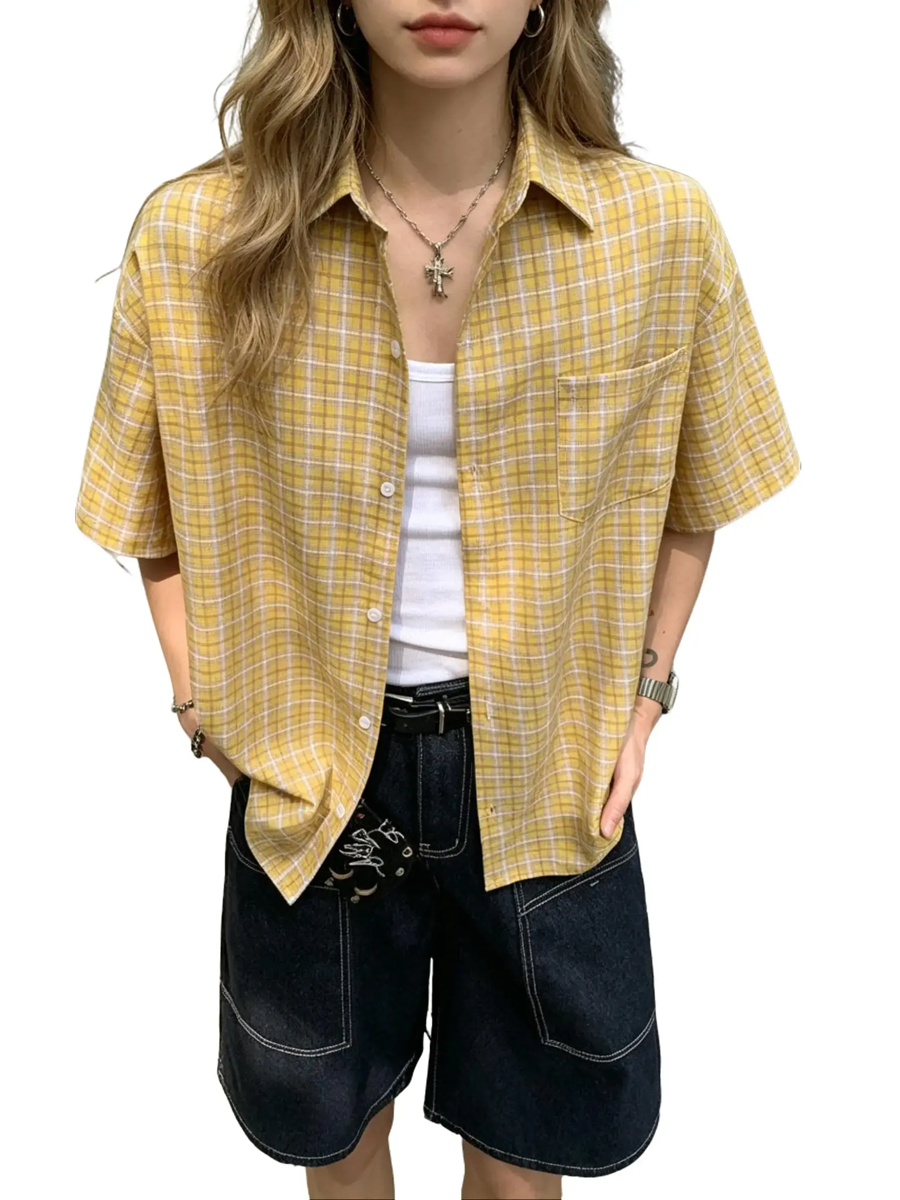 Women's Yellow Plaid Short Sleeve Button Up Shirt - Oversized Retro Casual Blouse, Lightweight Breathable Layering Top for Summer Daily Wear