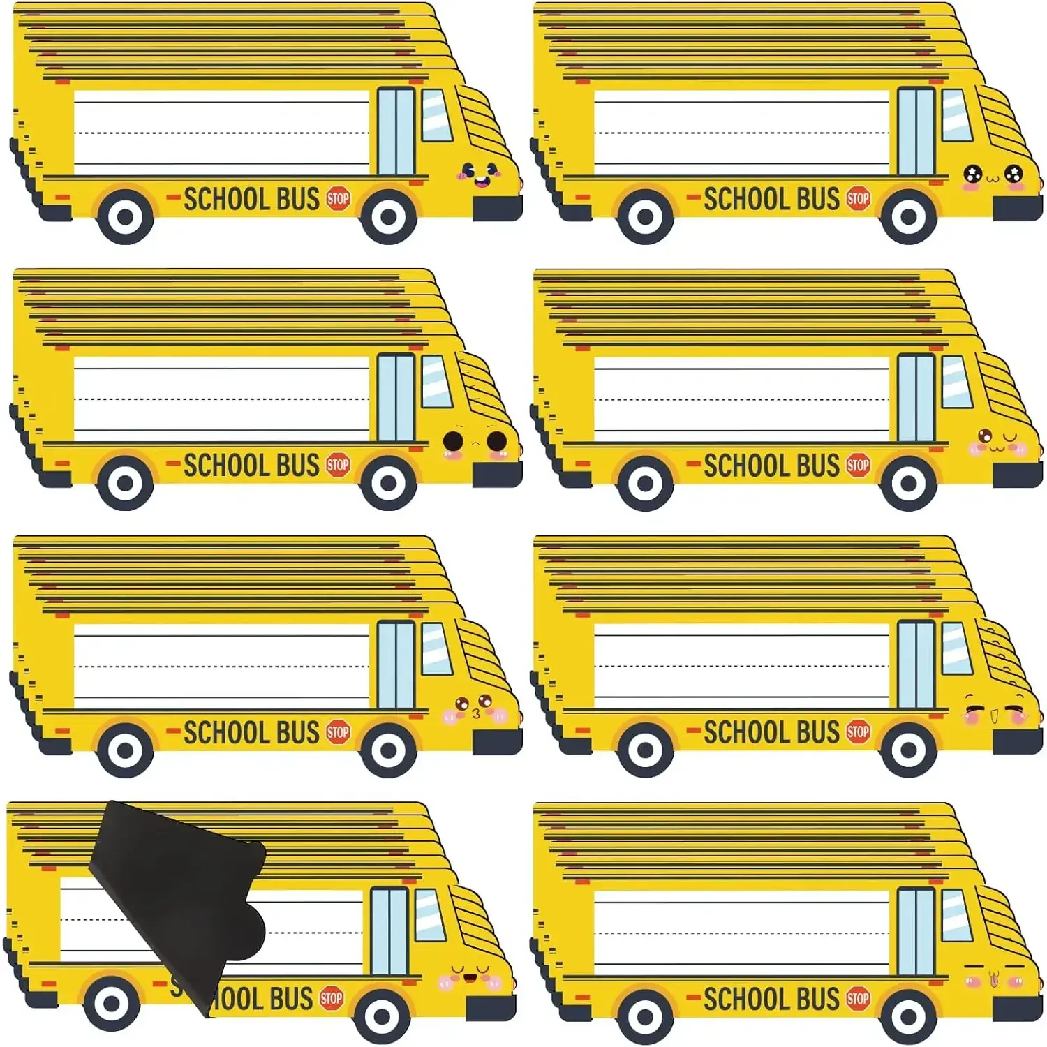 48-Piece Reusable Dry Erase Label Set - Thick-Back Magnetic Name Tags & Plates, Removable Personalized Name Stickers for Locker, Classroom Desks (School Bus, 8 Smile Designs) - Office Stationery for Family Activities, Friends