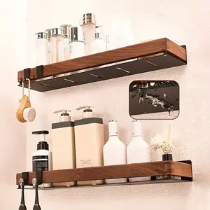 [Walnut Shower Rack] 1pc Walnut Shower Rack Bathroom Storage Rack + 2 Hooks, Wall-mounted Toilet Rack, Household Storage and Organizing Rack Bathroom Organizer Supplies