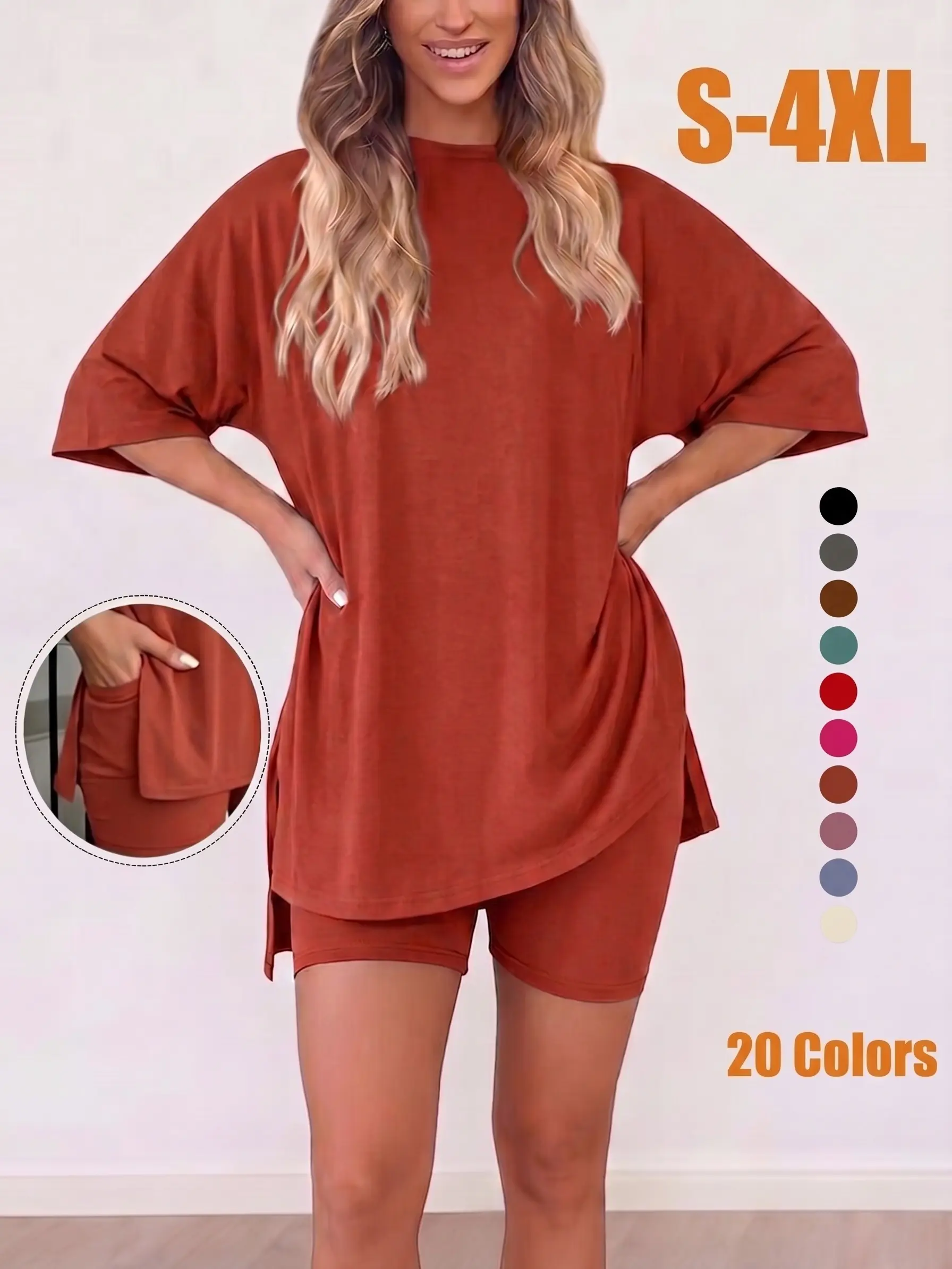 Crewneck Two-Piece Set For Women Summer  Casual Oversized  Split Hem Shirts & Side Pocket Biker Shorts Minimalist Lounge Wear Soft Viscose Fabric Comfy Homewear Cozy Pjs(Add 2 New Colors) #Summervibes #SwimWeek