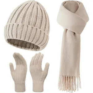 Unisex 3-Pcs Winter Accessory Set - Soft Thick Fleece-Lined Beanie, Long Scarf, Touchscreen Gloves for Women and Men, One Size, Touch Screen