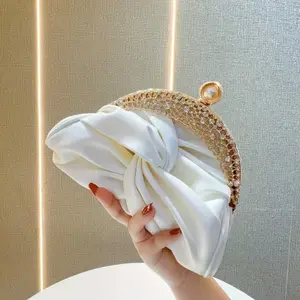 Women's Elegant White Mini Clutch with Golden Rhinestones, Crown Accent, Pearl Accents & Removable Shoulder Strap - Evening Handbag for Parties, Special Occasions