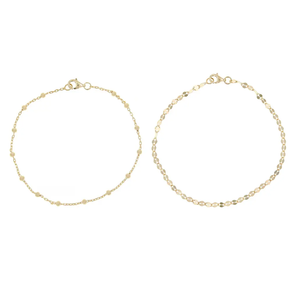 JTV 18k Yellow Gold Over Sterling Silver 2.5mnm Cable and 3mm Mirror Link Bracelet Set of 2
