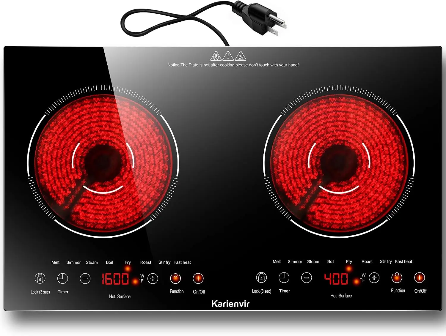2 Burner Electric Cooktop 110v, 2000W Electric Stove Top Countertop & Built-in, Plug-in Electrics Cooktop, Power Levels & 8 Functions, Touch Control, Safety Lock, Timer