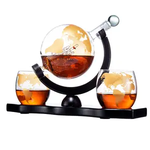 The Wine Savant Gold Etched Whiskey Decanter Set Globe with 2 Etched Globe Whisky Glasses - Perfect for a Birthday, Decanter Set for Whiskey, Scotch, Bourbon (27 Oz) (Gold)