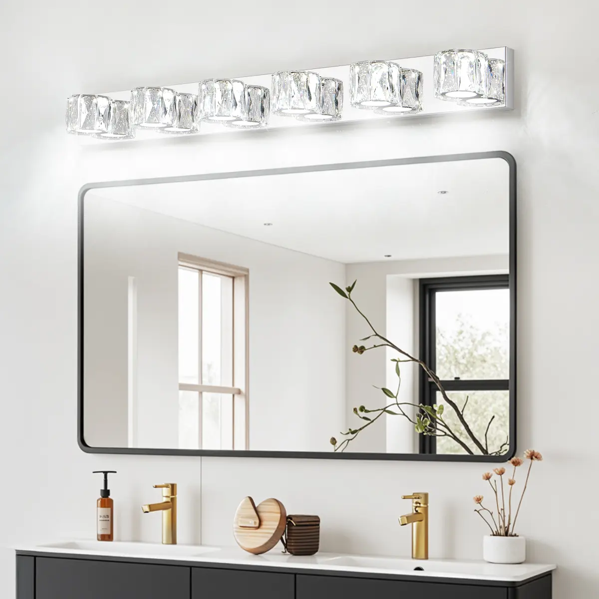 41" Modern Crystal 6-Light LED Wall Sconce – Elegant Chrome Bathroom Vanity Light with Clear Crystal Shades for Bathroom, Bedroom, or Hallway