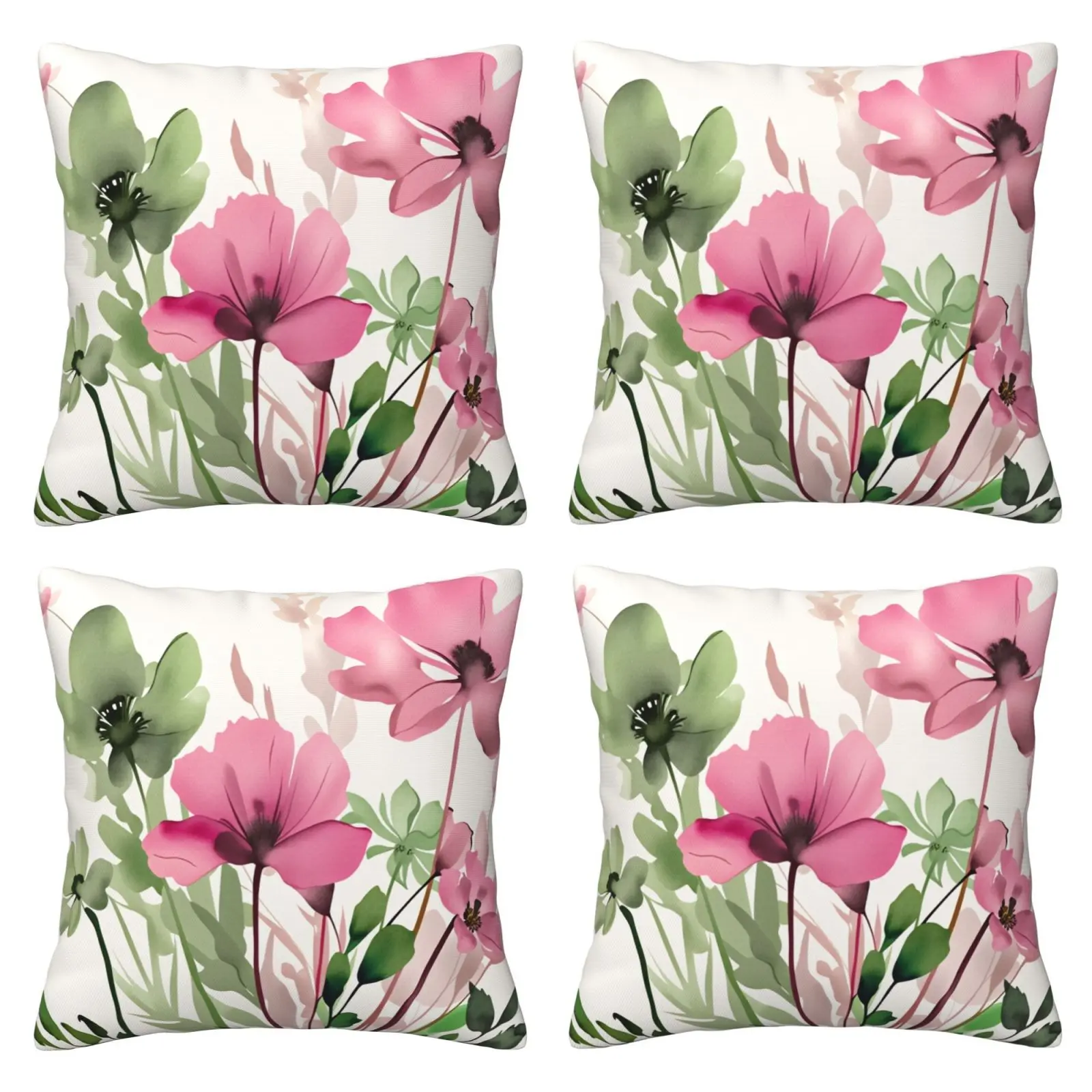 Spring floral pillow cover, watercolor sage green pink floral decorative pillow cover, outdoor farmhouse style decorative pillow cover, suitable for home sofas, 4-piece set with double-sided printing, Home Textile