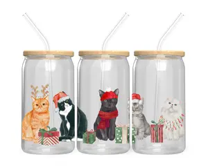 Christmas Cats 16 oz. Can Glass | Custom Christmas Cup for Cat Lovers | Cute Christmas Water Cup | Christmas Gift for Cat Moms | Trendy Cup