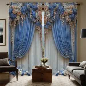 Luxury Blue Digital Print Curtains, Blue Floral Pattern Drapes, Easy Installation, Home Decoration Curtain, Perfect for Bedroom & Living Room Decor