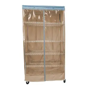 Storage Shelving Unit Cover, fits racks 36"W x 18"D x 72"H one side see through panel in Beige Khaki and Blue Trim Clear Pvc