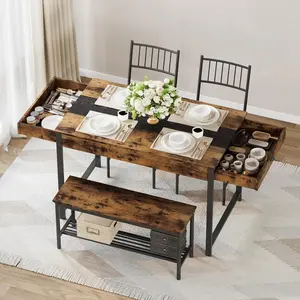 Dining Table Set for 4 Small Kitchen Table and 2 Chairs for 4 with Bench Breakfast Nook Rectangular Farmhouse Table Set Space Saving Kitchen Table Set with Storage Drawers Retro Brown