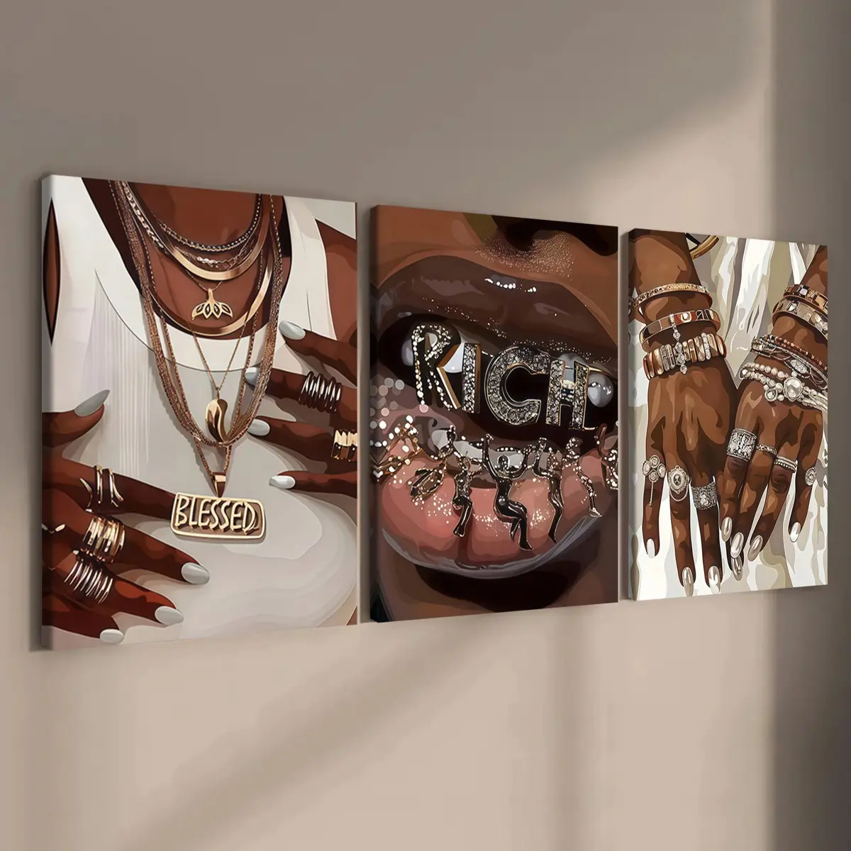 3-count wooden frame canvas, fashionable and luxurious jewelry female character posters, modern family posters, fashionable living room decorative art, suitable for corridor, office, room and bedroom decoration, waterproof printing, Art Canvas Prints