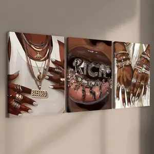 3-count wooden frame canvas, fashionable and luxurious jewelry female character posters, modern family posters, fashionable living room decorative art, suitable for corridor, office, room and bedroom decoration, waterproof printing, Wood Wall Art