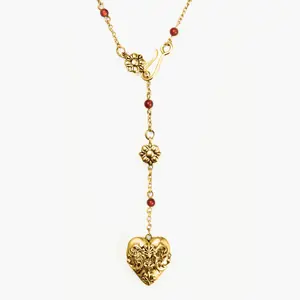 en route Carnelian Veil Lariat Necklace in Gold, Lariat Silhouette with Floral Engraved Heart, Versatile Multi-Wear Hook, Vintage Garden Core Style, Birthday Treat or Date Night Glow