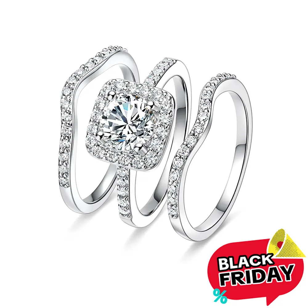 GEMSME 1.5 CT Round Cut Classic Three-in-One 3 Pieces Set Halo Wedding Engagement Promise Eternity Opal Ring for Women Mother Day Birthday Christmas Gift R-0969  Halo Ring Bridal Ring Set