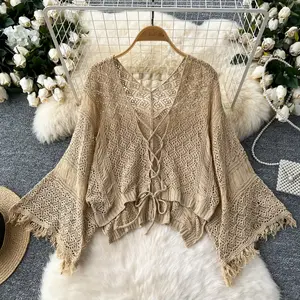 Beach Holiday Cardigans for Women Crochet Hollow Out Knitted Female Cardigan Crop Top Long Sleeve Coat