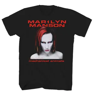 Marilyn Manson Menswear Mechanical Short-Sleeve Black Cotton Graphic Casual T-Shirt - Round Neck, Classic Loose Fit, Vintage Fashion Apparel Summer Streetwear Top