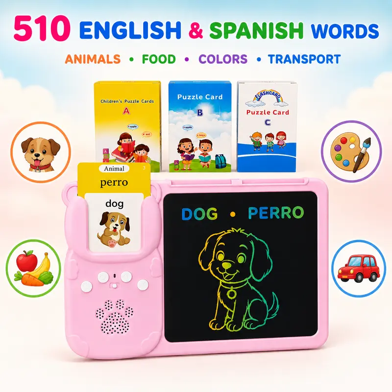 KIDGENIUS Bilingual Talking Flash Cards with LCD Writing Drawing Board, 510 Sight Words English-Spanish Toy with Bilingual Instruction Cards, Animals Vocab Set for Preschool Learning, Classroom, Kindergarten Birthday Gift