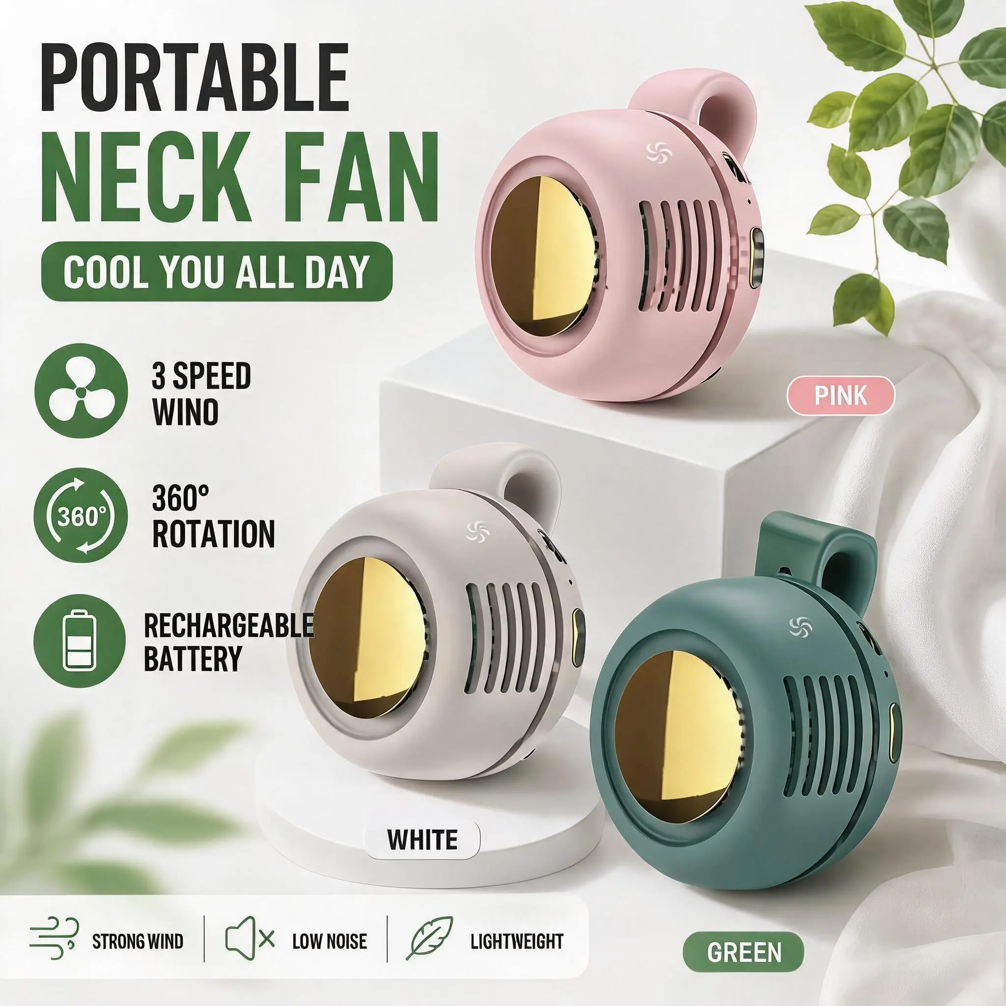 3PCS Portable Rechargeable Waist Fan – Silent Bladeless Personal Cooling Fan, 3-Speed Hands-Free Clip Fan for Travel, Hiking, Camping & Summer Outdoor Activities