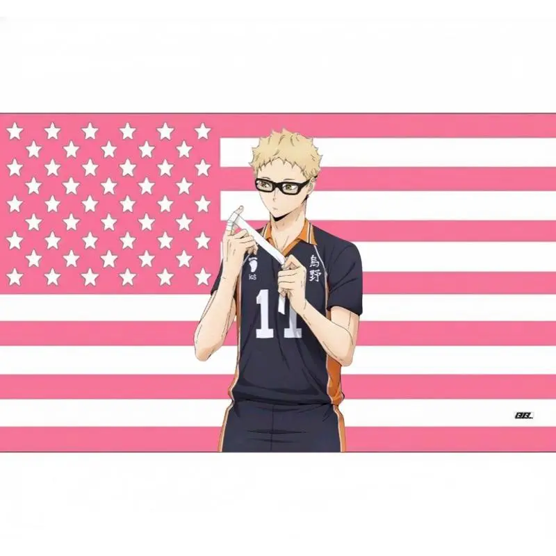 Haikyuu!! Tsukishima Kei #11 Anime Block Flag - US Fabric Blush Pink Strategic Middle Blocker Tapestry, Indoor Bedroom Decor, Home Supplies Collectible with Stars and Stripes, Indoors