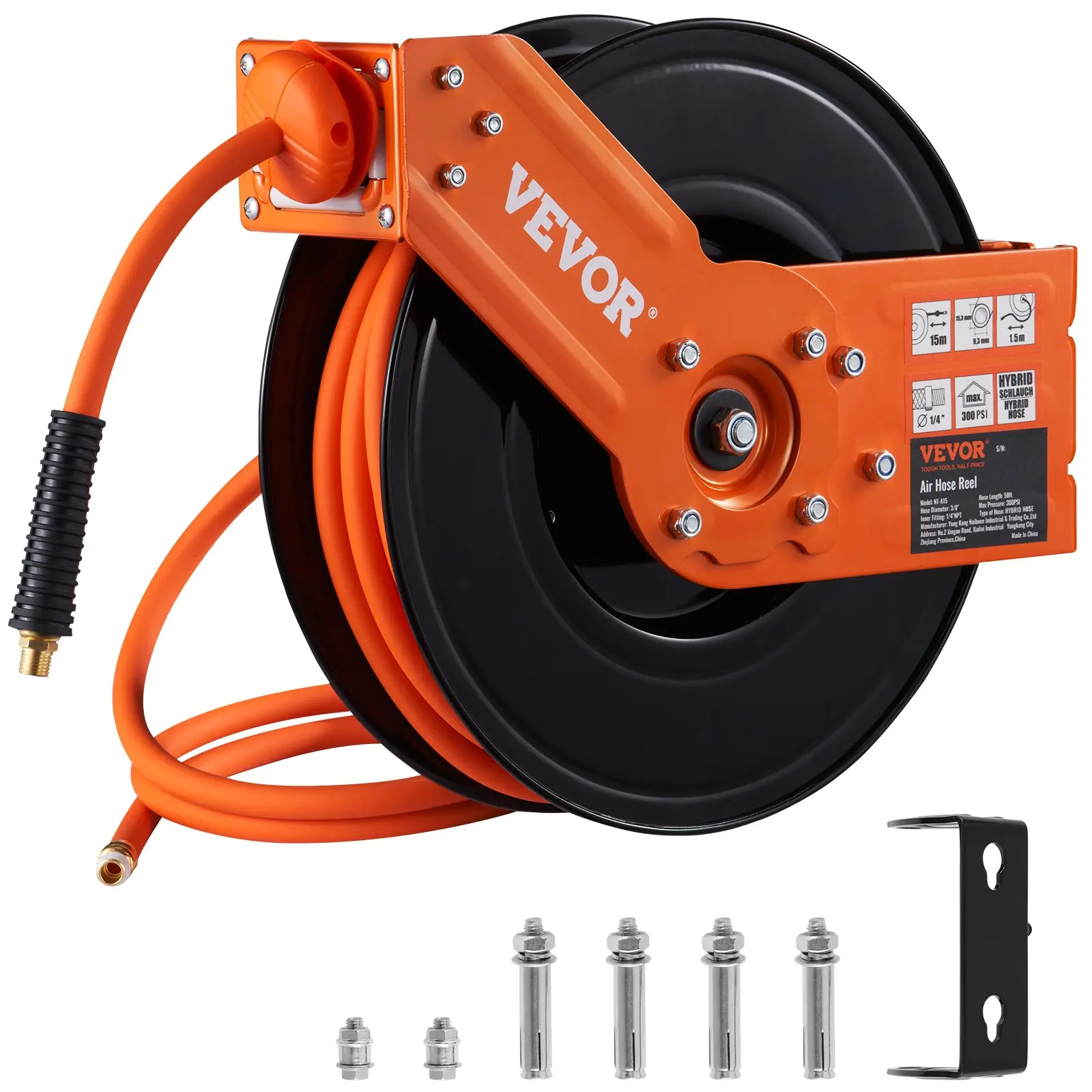 【Summerfinds】VEVOR Retractable Air Hose Reel Max. 100 FT300 PSI Hybrid Air Hose Air Compressor Hose Reel with 5 ft Lead inCeiling / Wall Mount Heavy Duty Single Arm Steel Reel