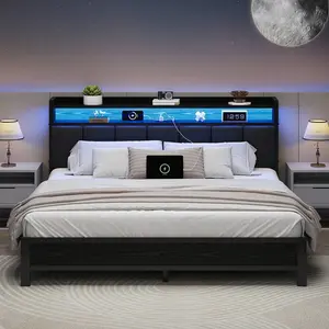 Upholstered Bed Frame With Charging Station, LED Bed Frame With Storage Headboard, Metal Platform Bed Frame With Heavy Duty Metal Slats, No Box Spring Needed, Easy Assembly, Black/ White/ Beige, Twin/ Full/ Queen/ King