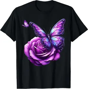 Beautiful Butterfly Purple Rose Butterfly Lovers Gifts Women Casual Short Sleeve Cotton T-Shirt
