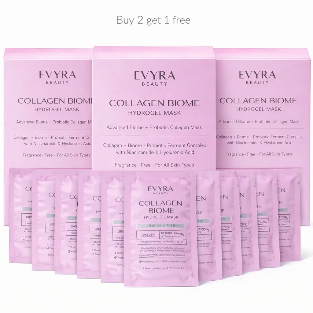 BUY 2 GET 1 FREE - Evyra Beauty Collagen Biome Hydrogel Mask, Full Face Korean Mask, 28mL Each, Niacinamide 3%, Ferment Complex, Hyaluronic Acid, Collagen, Ceramide, Panthenol, Deep Hydration&Plumping Glow. 5 Packs