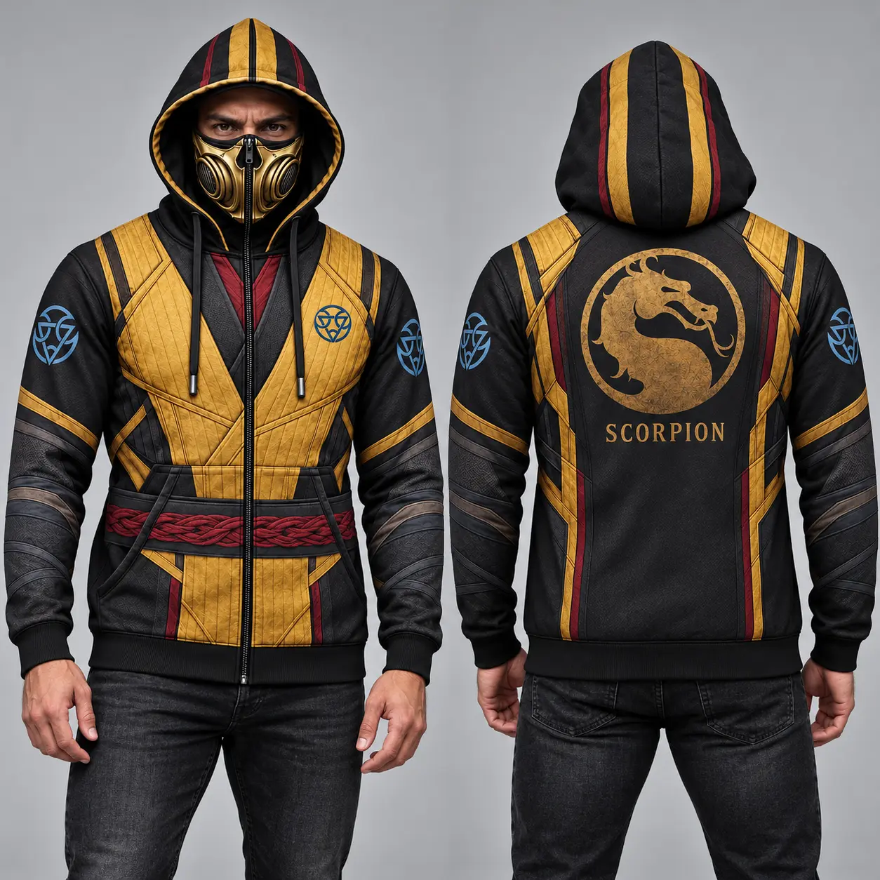 M0rt@l K0mb@t Scorpion Inspired Men’s Zip-Up Hoodie with Face Cover, Gold & Black All-Over Print Hooded Sweatshirt