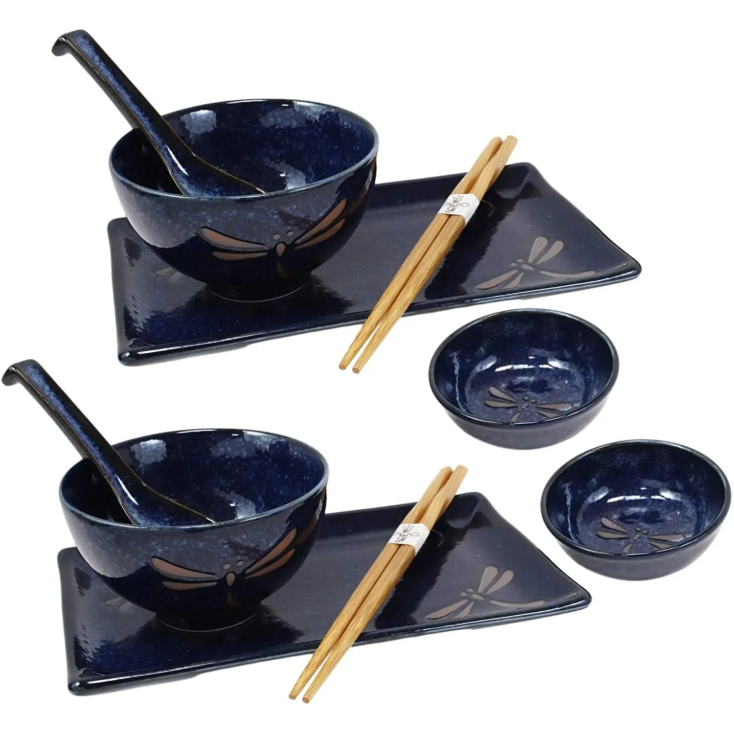 Japanese Pair Of Dragonfly Blue Motif Ceramic Sushi Dinnerware 10pc Set For Two