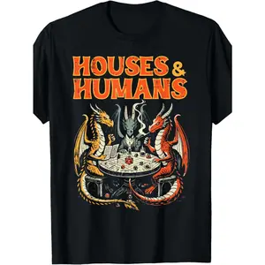 Men's Funny Dungeons & Dragons Inspired T-Shirt - Houses & Humans RPG Parody Gamer Tee with Dragon & Wizard Battle Design, 100% Comfort Fit Casual Tabletop Gaming Apparel for D&D Fans, Retro Style Crew Neck with Vibrant Print, Perfect Gift for Gamers funn