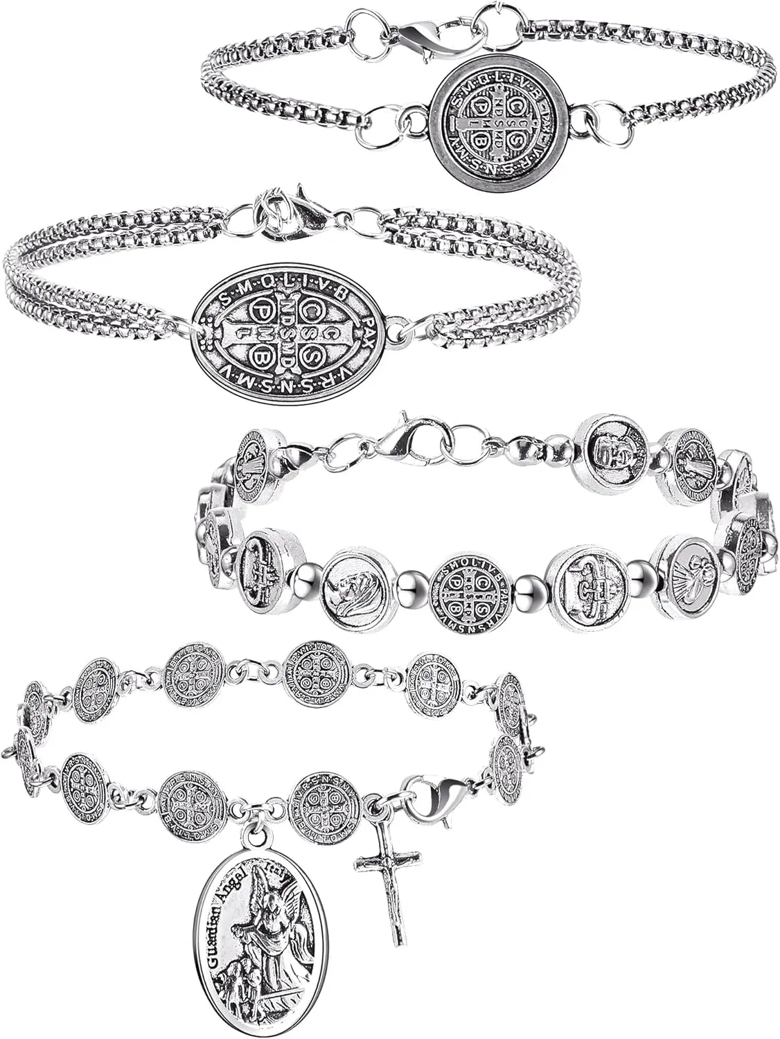 Men's Saint Benedict Charm Bracelets - 4-Count Modern Synthetic Chain Jewelry, Catholic Religious Prayer Gifts, Charm Bracelet, Chain Jewelry Bracelets & Bangles, Birthday Gift Ideas, Male Wear