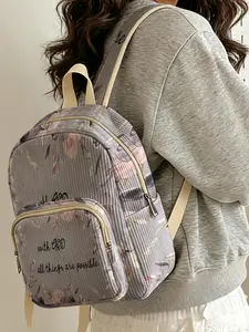 1 piece of ladies' backpack with 2D printed floral pattern + 'Everything is possible' message, velvet texture + layered storage + light weight reduction | Suitable for students to go to class/shopping/short trips | Combines atmosphere and practicality