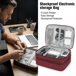 Portable Storage Bag for Electronics Three Layer for Cord Charger Flash Drive Phone Ipad Mini SD Card,Gifts for Men Girl Black Gray Red Electronics Travel Organizer Watreproof Electronic Accessories Case