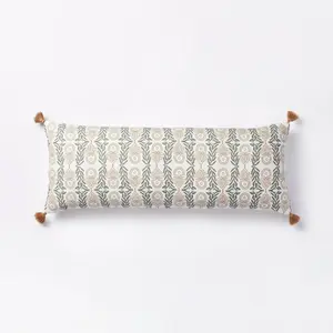 Oversized Oblong Watercolor Wood Block with Tassels Decorative Throw Pillow Camel/Light Teal - Threshold designed with Studio McGee