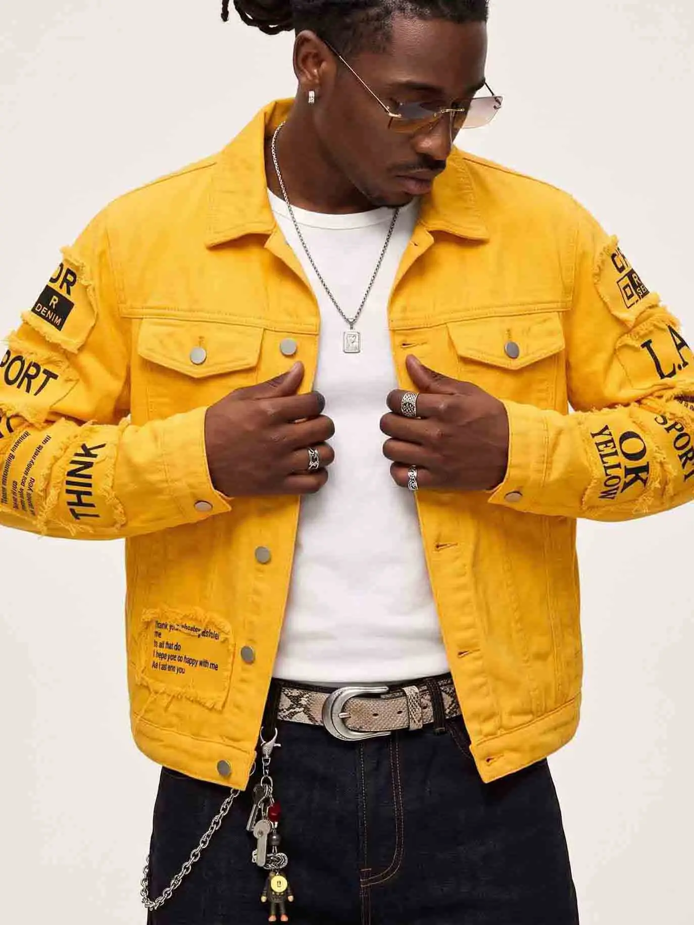 Men's Yellow 100% Cotton Distressed Denim Trucker Jacket - Coats, Longsleeves, Button Front, Frayed Letter Patch, Medium Length, Plain Surface, Casual Daily, Machine Wash Cold, Streetwear Lightweight Top, Distressed Look, Cold Wash, Menswear, Daily Wear,,