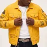 Men's Yellow 100% Cotton Distressed Denim Trucker Jacket - Trendy Outerwear, Coats, Menswear, Plain Surface, Collared Neck, Long Sleeve, Button Front, Frayed Letter Patch Accent Details, Medium Length, Lightweight Streetwear Top, Machine Wash Cold