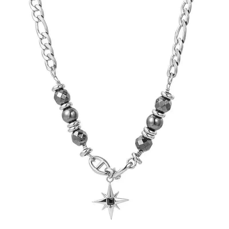 Modern Stellar Compass Titanium Metal Necklace - 0.8x0.8 Inches Star Pendant, Beaded Accents, 19.7-23.6 In Adjustable Daily Versatile Casual Chain, Daily Versatile Chain, Adjustable Chain