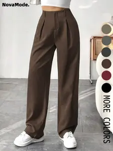Women's Solid Color Plicated Pocket Wide Leg Pants, Elegant Zipper Fly Trousers for Work Office Business, Ladies Spring & Fall Clothes