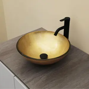 Logmey 16" Glass Bathroom Vessel Sink Vanity Countertop Round Bowl with Black Faucet and Chrome Pop up Drain Set,Glass Art Basin,Light Golden Amber,Memorial day